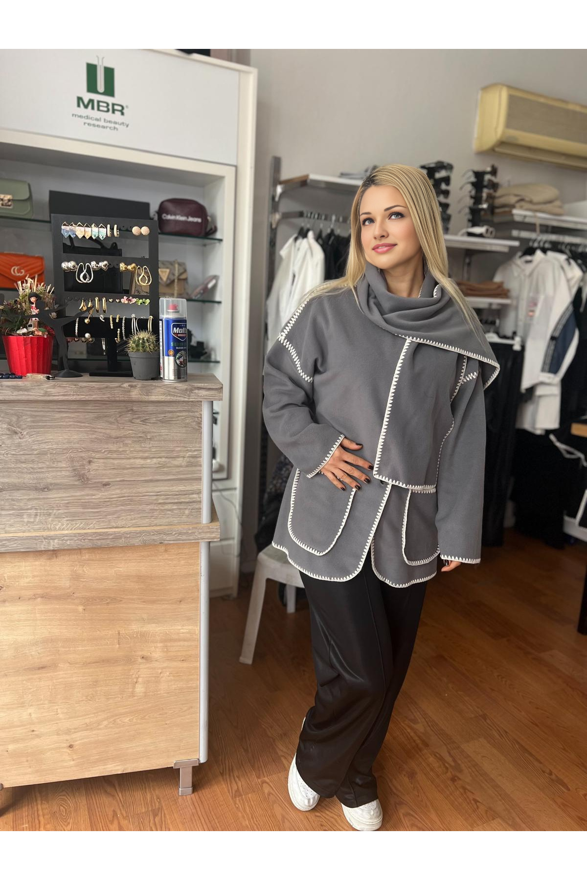 Kadın Çoban Dikiş Polar Ceket Atkılı Takım